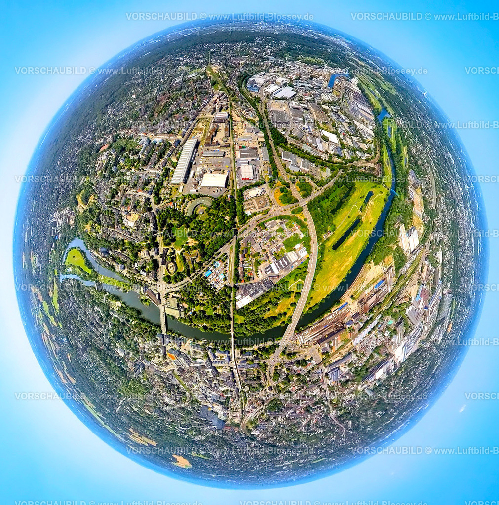 Muelheim230790095_dreiBruecken | Luftbild, City Stadtzentrum mit drei Brücken und Fluss Ruhr, Hochschule Ruhr West, Gewerbegebiet Weseler Straße, Erdkugel, Fisheye Aufnahme, Fischaugen Aufnahme, 360 Grad Aufnahme, tiny world, Broich - Ost, Mülheim an der Ruhr, Ruhrgebiet, Nordrhein-Westfalen, Deutschland