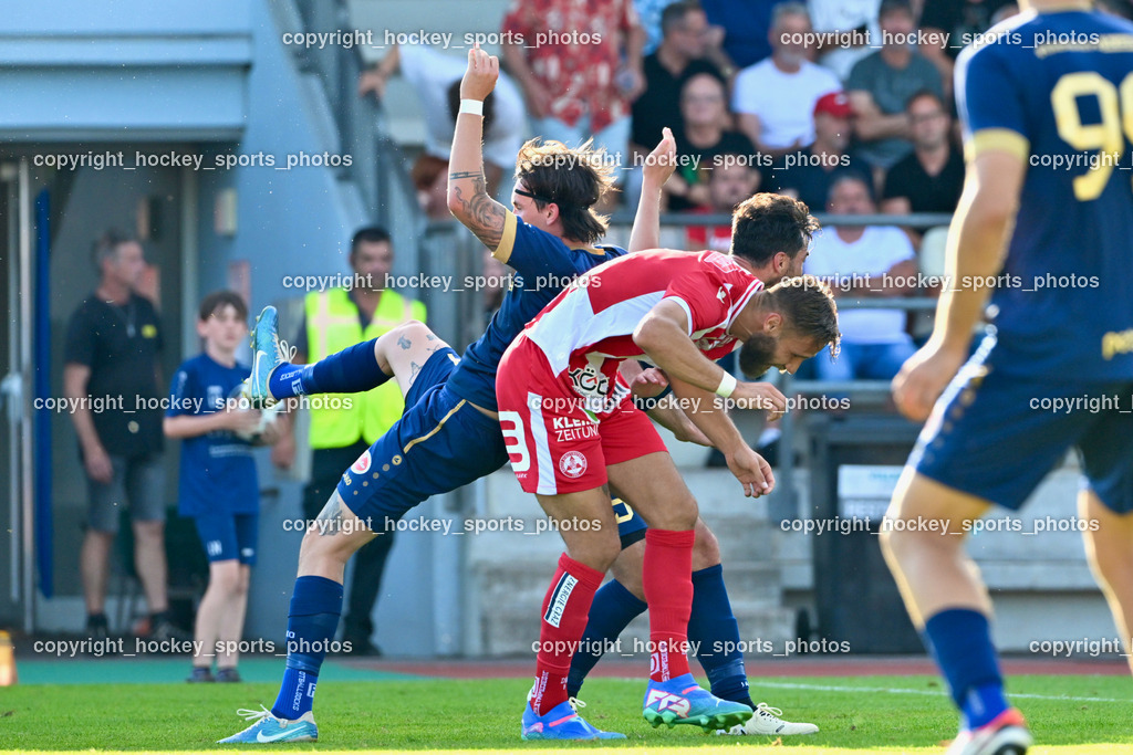 ATUS Velden vs. GAK | #10 Lukas Lausegger ATUS Velden, #9 Daniel Maderner GAK, ATUS Velden vs. GAK, ATUS Velden vs. GAK am 26.07.2024 in Villach (Stadion Lind), Austria, (Photo by Bernd Stefan)
