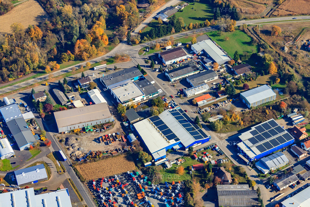 Luftbild: Industriegebiet Industriestraße mit AG AUTOMOBILE KFZ AUFBEREITUNG - REIFENSERVICE - KFZ ANKAUFSTATION - AUTOHAUS - ZULASSUNGSSERVICE in Hagenbach im Bundesland Rheinland-Pfalz in Deutschland. Foto: IMG_35283.jpg vom 31.10.2010 durch Werner Riehm/FLY-FOTO.deAG Automobile - AG Automobile
