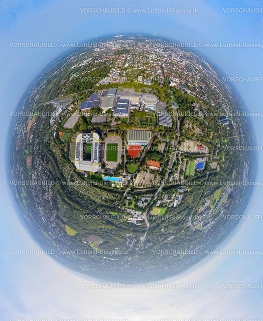 Dortmund231090024WestfalenStadioBVB | Luftbild, Bundesligastadion Signal Iduna Park des BVB 09 Borussia Dortmund, auch Westfalenstadion, Westfalenhallen Veranstaltungszentrum, Erdkugel, Fisheye Aufnahme, Fischaugen Aufnahme, 360 Grad Aufnahme, tiny world, Westfalenhalle, Dortmund, Ruhrgebiet, Nordrhein-Westfalen, Deutschland