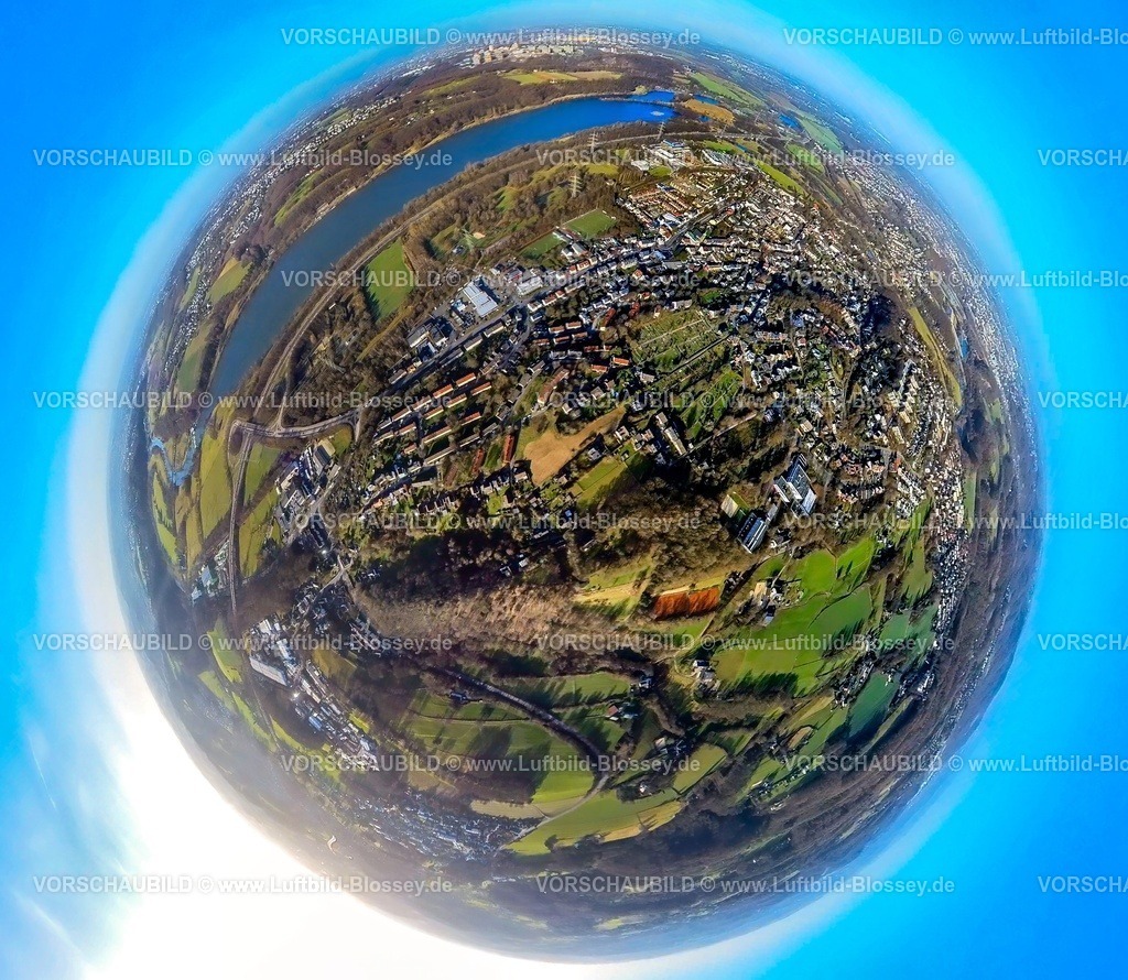 Witten240190040Herbede | Luftbild, Ortsansicht Wohngebiet Ortsteil Herbede mit dem Kemnader See, Erdkugel, Fisheye Aufnahme, Fischaugen Aufnahme, 360 Grad Aufnahme, tiny world, little planet, fisheye Bild, Westherbede, Witten, Ruhrgebiet, Nordrhein-Westfalen, Deutschland