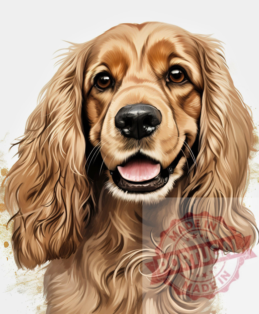 Cocker Spaniel dog smiling portrait digital painting | Professional artful dog portraits Cheerful Cocker Spaniel dog close-up in a vibrant digital art style - Realisiert mit Pictrs.com