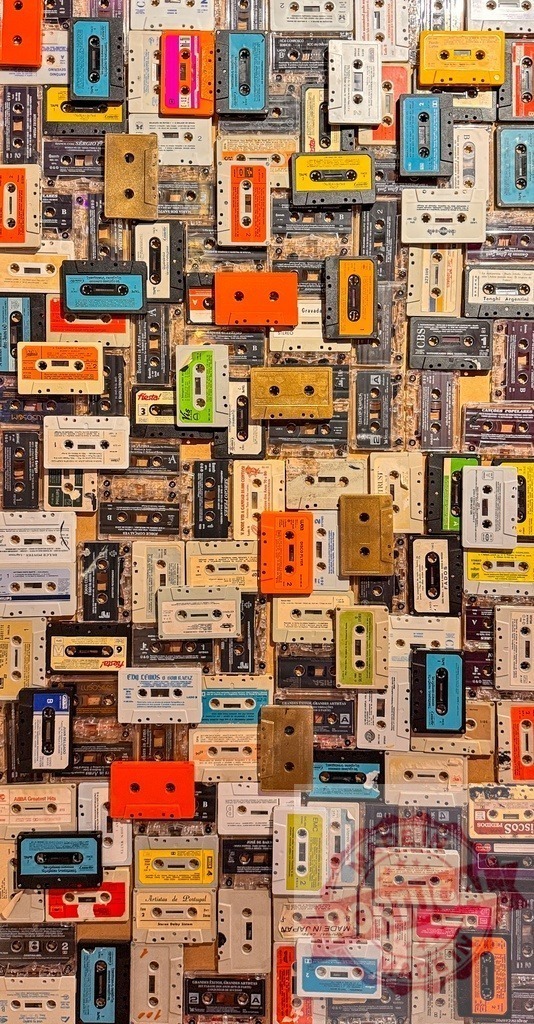 Colorful audio cassette tapes creating a retro background | Collection of vintage audio cassette tapes arranged as a textured background, showing analog music history - Realized with Pictrs.com