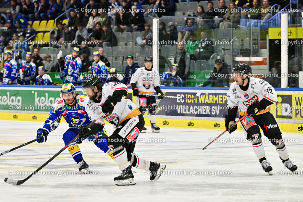 EC IDM Wärmepumpen VSV vs. Pioneers Vorarlberg | #9 Alexander Rauchenwald EC VSV, #28 Louie Roehl Pioneers Vorarlberg, #12 Cole Gallant Pioneers Vorarlberg, EC IDM Wärmepumpen VSV vs. Pioneers Vorarlberg, EC IDM WÄRMEPUMPEN VSV vs. Pioneers Vorarlberg am 03.10.2025 in Villach (Stadthalle Villach), Austria, (Photo by Bernd Stefan)