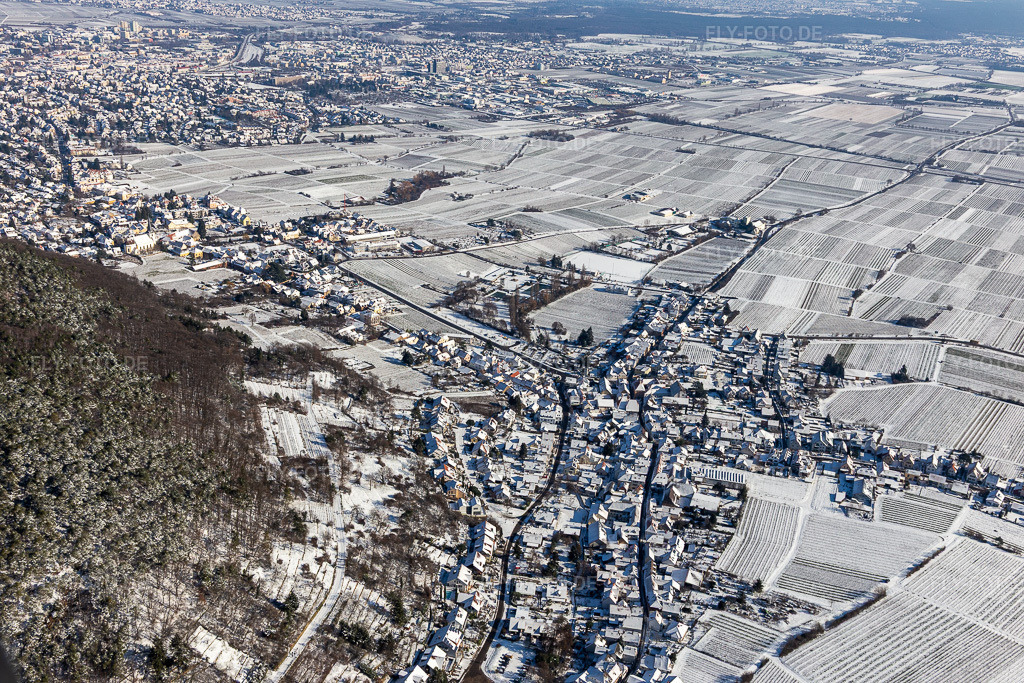 Luftbild: Winterluftbild im Schnee im Ortsteil Hambach an der Weinstraße in Neustadt im Bundesland Rheinland-Pfalz in Deutschland. Foto: IMG_124594.jpg vom 11.02.2021 durch Werner Riehm/FLY-FOTO.de