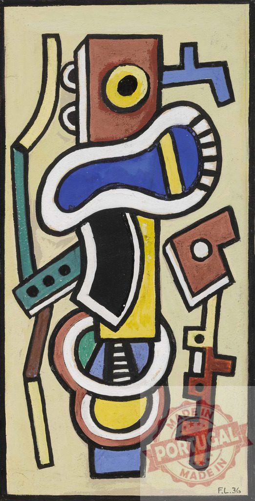 Abstract cubist painting featuring colorful geometric shapes | Fernand Leger Vibrant abstract composition showing geometric shapes and lines forming a dynamic figure - Realized with Pictrs.com