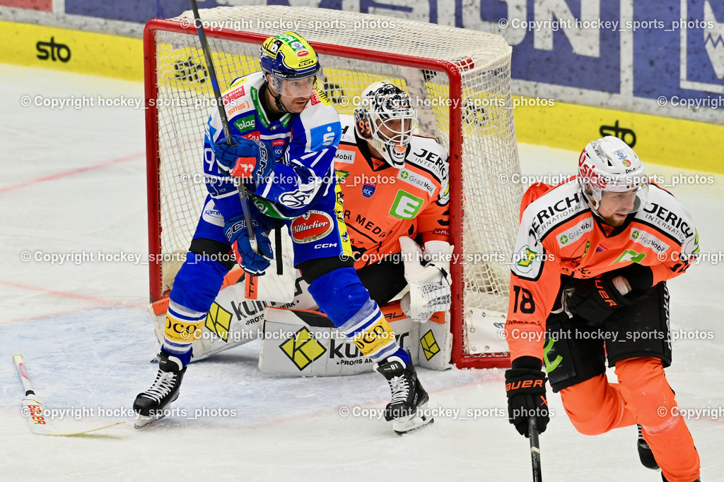 EC IDM WÄRMEPUMPEN VSV vs. MOSER MEDICAL GRAZ99ERS | #33 Maxime Lagacé Graz 99ers, #18 Paul Stapelfeldt Graz 99ers, #91 Nick Hutchison EC VSV, EC IDM WÄRMEPUMPEN VSV vs. MOSER MEDICAL GRAZ99ERS, EC IDM WÄRMEPUMPEN VSV vs. MOSER MEDICAL GRAZ99ERS am 12.03.2026 in Villach (Stadthalle Villach), Austria, (Photo by Bernd Stefan)