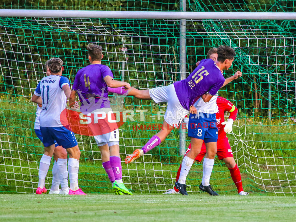 Austria Klagenfurt Amateure - SK Treibach 1-1, Kärntner Liga 2. Runde | Alexander Kurz (SK Treibach #11) Erik Kovac (Austria Klagenfurt Amateure #4) Matteo Kitz (Austria Klagenfurt Amateure #15) Lukas Urnik (SK Treibach #8) Patrick Böck (SK Treibach #23)  Austria Klagenfurt Amateure - SK Treibach 1-1 am 08.08.2023 in Brückl
(Sportplatz), Austria, (Photo by Ernst Krawagner sport-fan.at) - Realisiert mit Pictrs.com