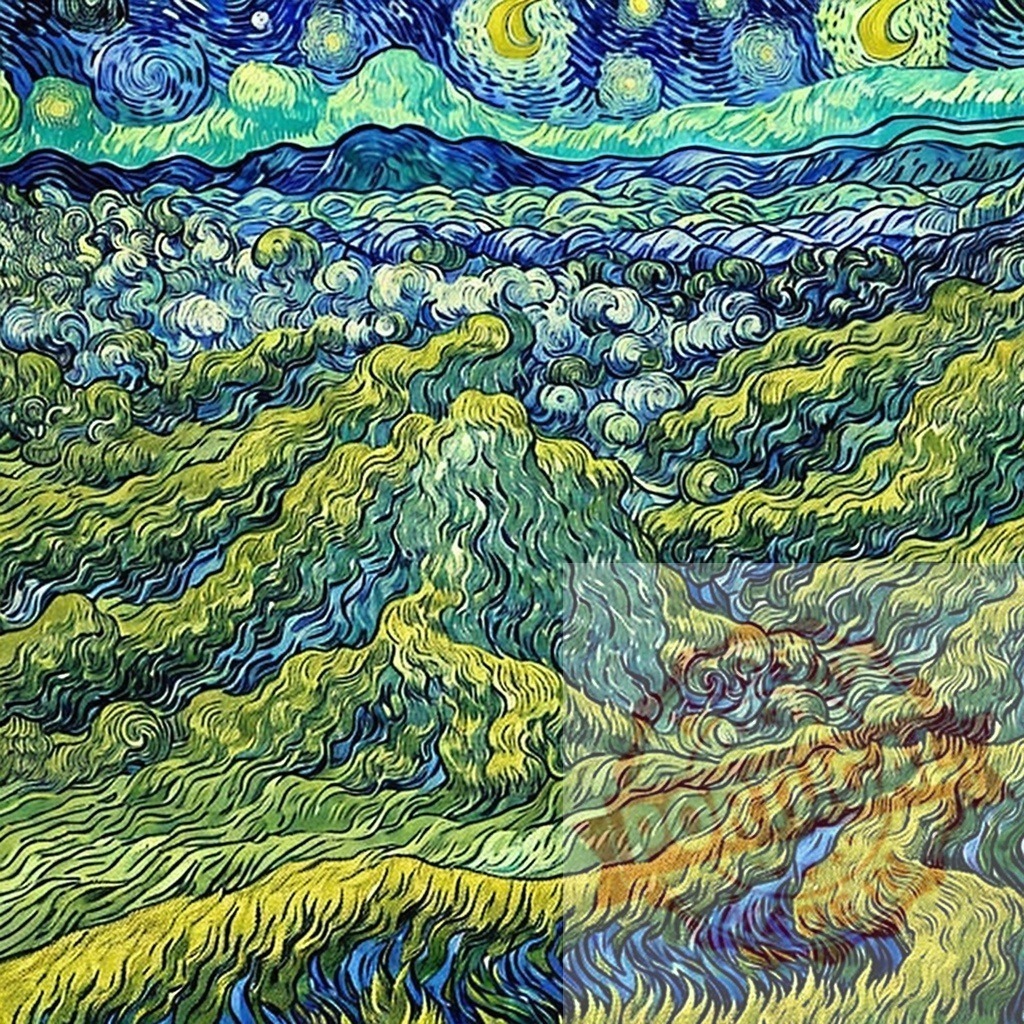 Van Gogh style swirling landscape at night. AI Experiments | Expressive painting showing a swirling starry night sky over textured hills - Realisiert mit Pictrs.com