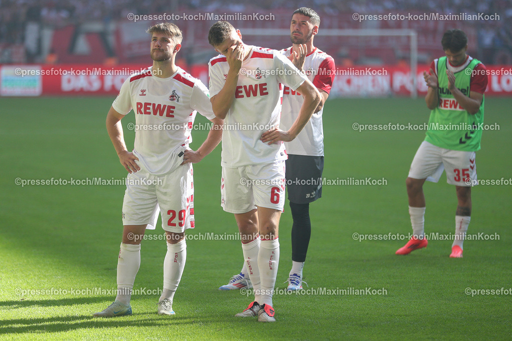 Due21092402200 | 21.09.2024, 2. Fußball Bundesliga, Fortuna Düsseldorf - 1. FC Köln, Merkur Spiel-Arena, Saison 2024 2025: Jan Thielmann (1.FC Köln #29) Eric Martel (1.FC Köln #6) Torwart Philipp Pentke (1.FC Köln #20) Max Finkgräfe (1.FC Köln #35)DFB regulations prohibit any use of photographs as image sequences and or quasi-video.