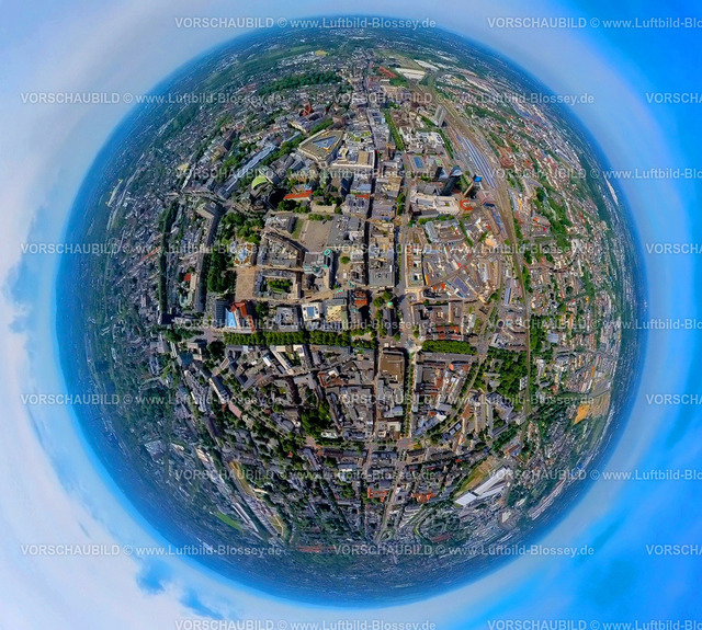 Dortmund240590430City_Westenhellweg | Luftbild, Innenstadt Zentrum Ansicht, Hbf Hauptbahnhof, Wallring Straßen und schwarzes Hochhaus RWE Tower, und Einkaufsstraße Westenhellweg, Rathaus und Friedensplatz, Erdkugel, Fisheye Aufnahme, Fischaugen Aufnahme, 360 Grad Aufnahme, tiny world, little planet, fisheye Bild, City, Dortmund, Ruhrgebiet, Nordrhein-Westfalen, Deutschland