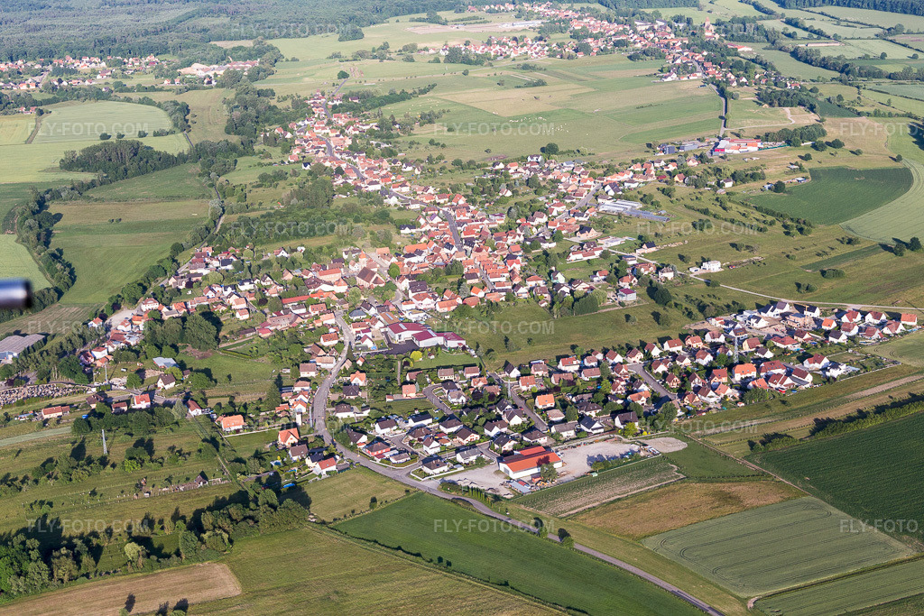 Aerial view: Village view in Morsbronn-les-Bains in the state Bas-Rhin, France.Photo: IMG_100813.jpg taken on 06/08/2017 by Werner Riehm/FLY-FOTO.comResolution of the original: 5472 x 3648 px