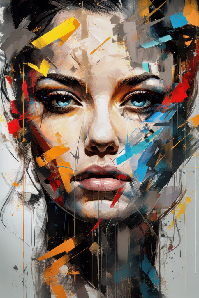 2308017 - Frau mit abstrakten bunten Strichen | Moderne Wandbilder auf Leinwand, Acylglas, Alu-Dibond oder als Poster. Tauchen Sie ein in die Welt KI-generierter Kunstwerke - entdecken Sie hochwertige Kunstdrucke unserer Gemälde, Illustrationen und fotorealistischen Motive.
