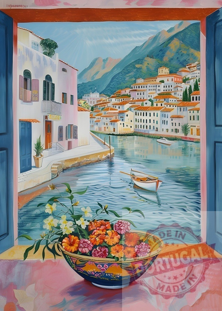 Picturesque mediterranean village seen through a window with flowers | Colorful painting of a picturesque mediterranean village seen through a window with a bowl of flowers in the foreground - Realisiert mit Pictrs.com