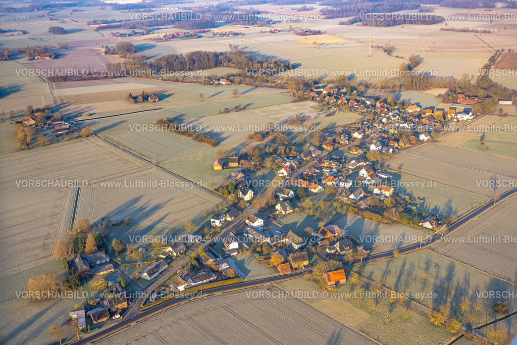 Hamm250200287Rhynern | Luftbild, Wohngebiet Ortsansicht Ortsteil Illingen umgeben von Wiesen und Feldern,  Illingen, Welver,  Stadtgrenze Hamm, Ruhrgebiet, Nordrhein-Westfalen, Deutschland