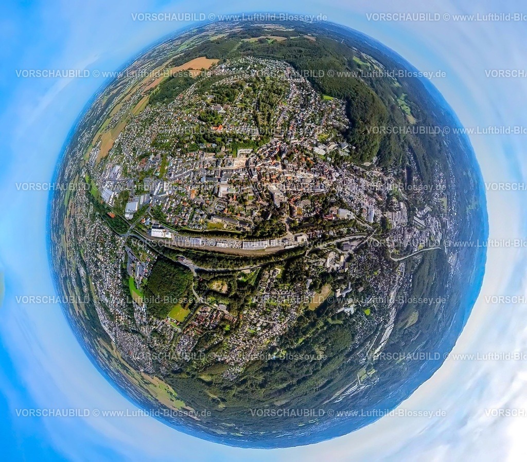 Menden230990224Mitte | Luftbild, Bahnhof Menden (Sauerland), Ortsansicht Menden-Mitte, Untere Promenade, Erdkugel, Fisheye Aufnahme, Fischaugen Aufnahme, 360 Grad Aufnahme, tiny world, Menden, Menden, Sauerland, Nordrhein-Westfalen, Deutschland