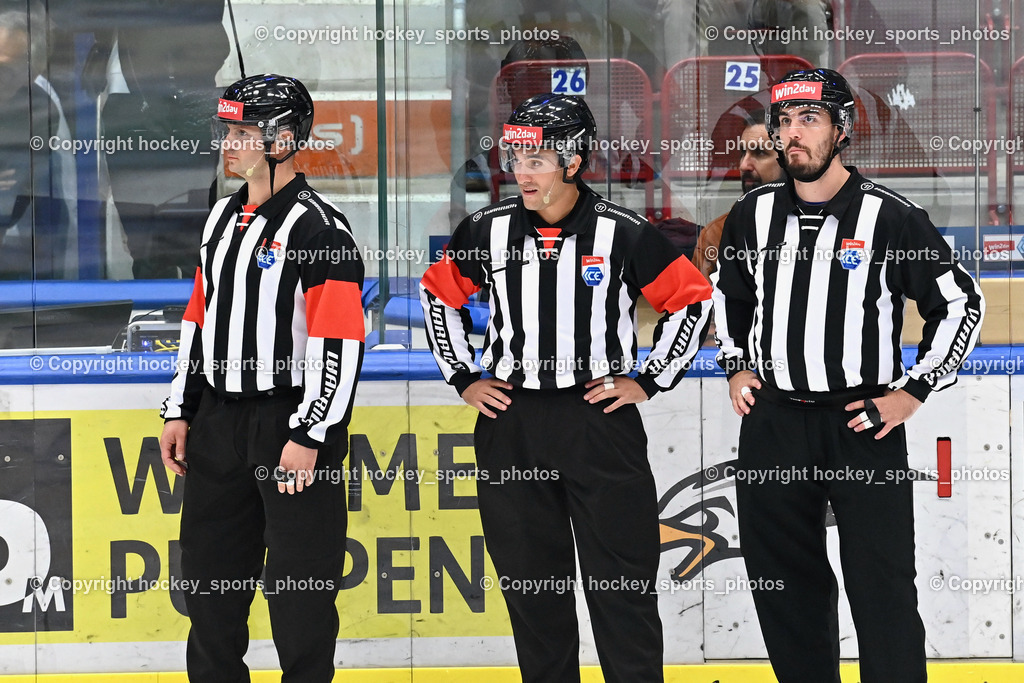 EC IDM Wärmepumpen VSV vs. HC Pustertal 8.10.2023 | ZRNIC MILAN Referee, OFNER CHRISTIAN Referee, VACZI DAVID Linesmann, EC IDM Wärmepumpen VSV vs. HC Pustertal 8.10.2023, EC IDM Wärmepumpen VSV vs. HC Pustertal am 08.10.2023 in Villach (Stadthalle Villach), Austria, (Photo by Bernd Stefan)