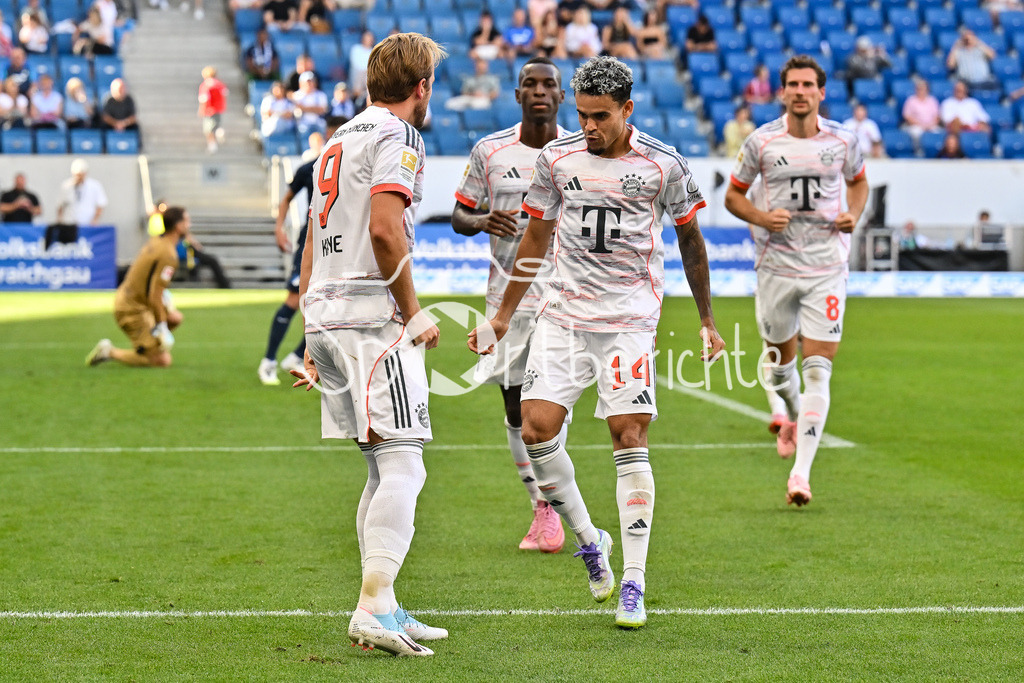TSG 1899 Hoffenheim - FC Bayern München | Jubel der Bayern nach dem Treffer zum 0-2 durch Harry KANE (FC Bayern Muenchen 9) / Elfmeter / Tor / Torschuetze / Freude / Happy / Bundesliga: TSG 1899 Hoffenheim - FC Bayern München; PreZero-Arena am 20.09.2025 / DFL REGULATIONS PROHIBIT ANY USE OF PHOTOGRAPHS AS IMAGE SEQUENCES AND/OR QUASI-VIDEO