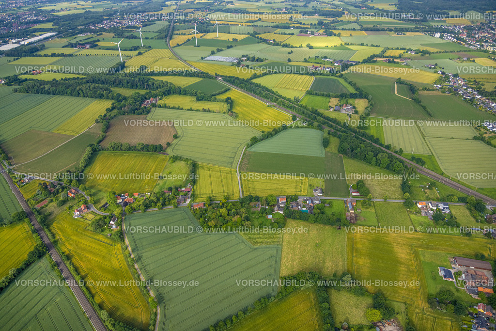 Hamm220601955 | Luftbild, Wiesen und Felder an der Provinzialstraße, Windräder, Pelkum, Hamm, Ruhrgebiet, Nordrhein-Westfalen, Deutschland
