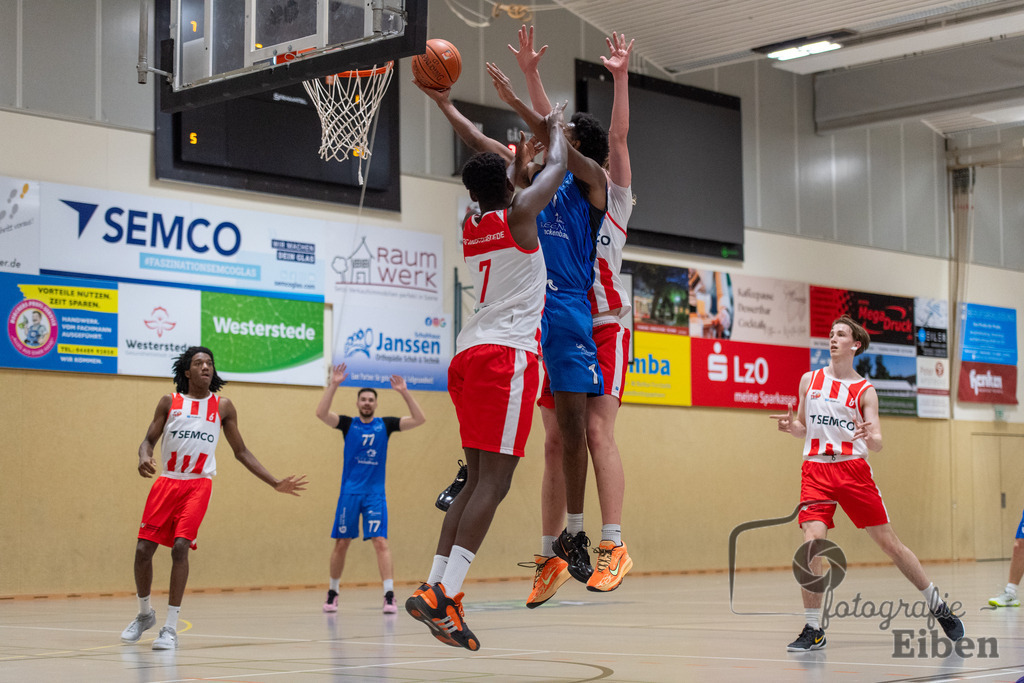 TSG Westerstede-Fortuna Logabirum | Basketball 2. Regionalliga; TSG Westerstede 2 (weiß)- Fortuna Logabirum (blau) am 12.12.2025 in Westerstede (Hössensportzentrum), Photo: Philip Eiben 2025 - Realisiert mit Pictrs.com