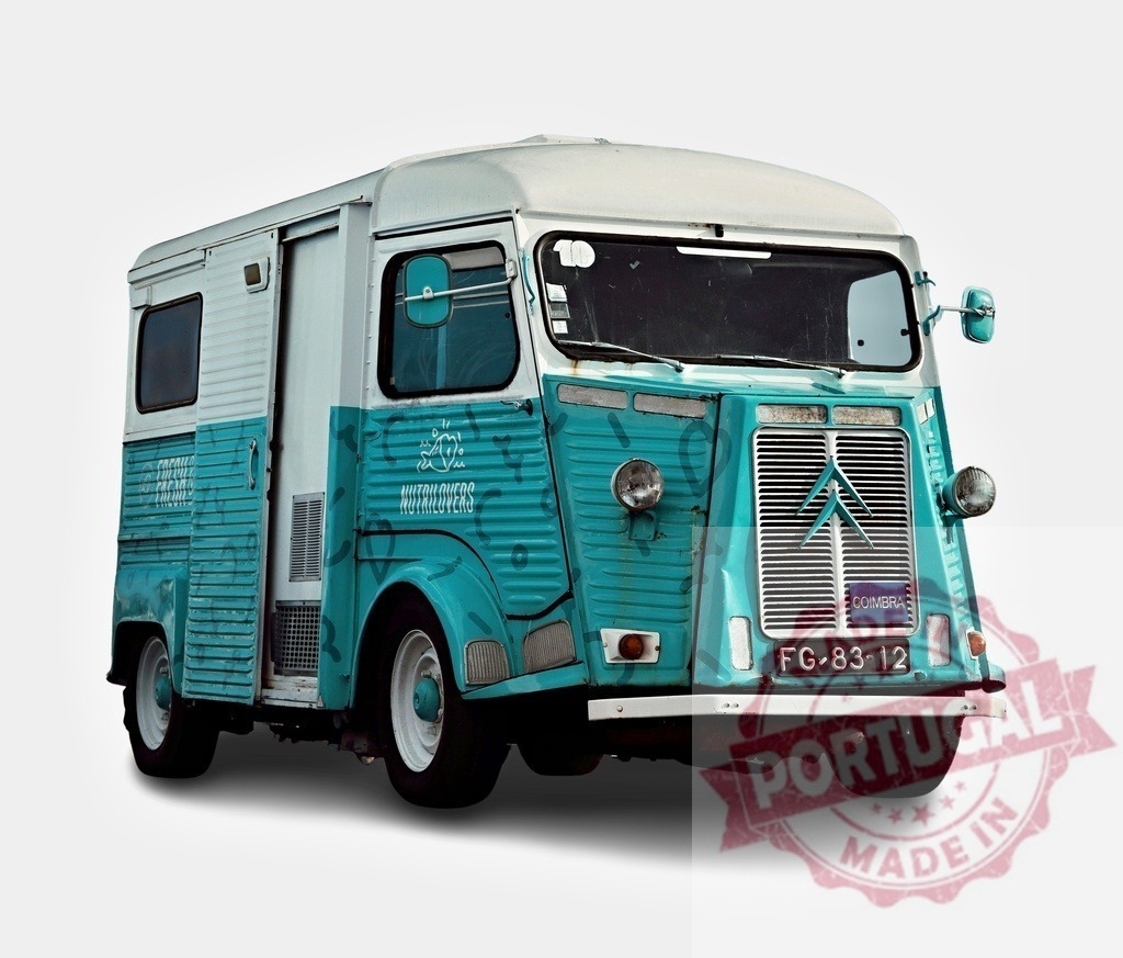 Classic Citroën HY food truck painted turquoise and white, parked and ready for business | Citroën HY food truck showing a turquoise livery and white roof, parked on a white background - Realized with Pictrs.com