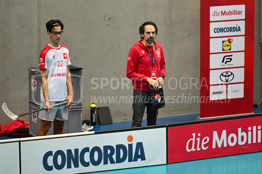 Switzerland U19 vs Finland U19 - 3. February 2024 | Switzerland U19 vs Finland U19
U19 Men International Matches in Switzerland
GoEasy Arena, Siggenthal Station
Switzerland forward #22 Matteo Gervasoni and assistant coach Mark Schuler.
Credit: Markus Aeschimann | <a href="https://www.markus-aeschimann.ch">Sportfotografie Markus Aeschimann</a> | <a href="https://www.instagram.com/sportfotografie.aeschimann">@sportfotografie.aeschimann</a> - Realisiert mit Pictrs.com