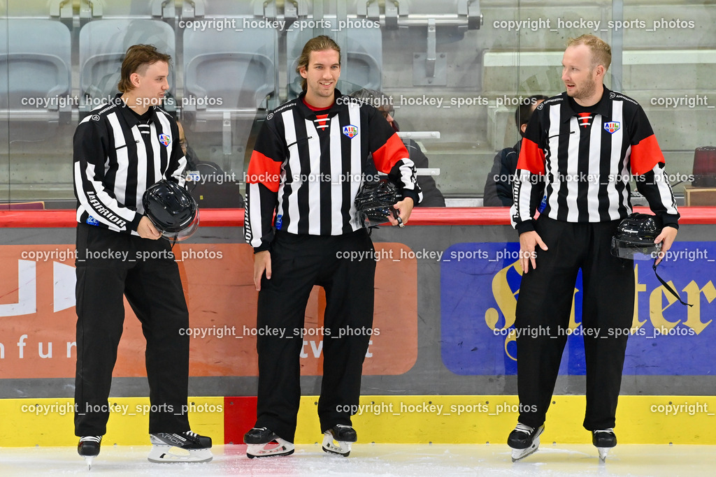 EC KAC Future Team vs. Die Adler Kitzbühl 7.10.2023 | KANYO Tamas Referee, WENUSCH Hermann Referee, BULOVEC Miha Referee, EC KAC Future Team vs. Die Adler Kitzbühl 7.10.2023, EC KAC Future Team vs. Die Adler Kitzbühl am 07.10.2023 in Klagenfurt (Messehalle Klagenfurt), Austria, (Photo by Bernd Stefan)