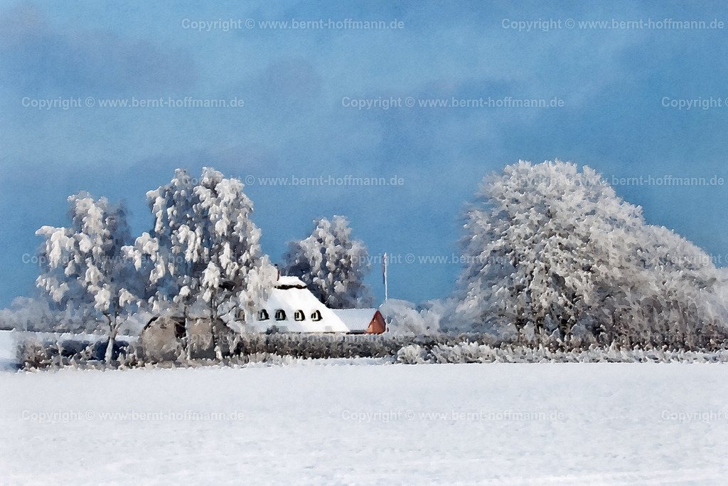 PDM2_Haus-im-Schnee-2_120x80 | DIGITALKUNST. Haus im Schnee. __ Tief verschneite Landschaft Angeln mit Reetdach -Haus und Baumgruppen in Westerholz. - Realisiert mit Pictrs.com