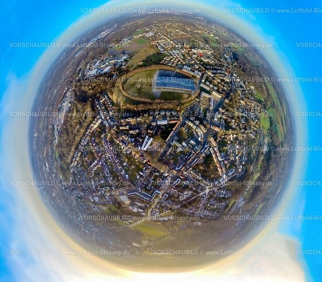 Herne240190106SodingenMtCenisAkademie | Luftbild, Ortsansicht Wohngebiet Sodingen und Akademie-Mont-Cenis mit ovaler Baumallee, Solardach, Erdkugel, Fisheye Aufnahme, Fischaugen Aufnahme, 360 Grad Aufnahme, tiny world, little planet, fisheye Bild, Sodingen, Herne, Ruhrgebiet, Nordrhein-Westfalen, Deutschland