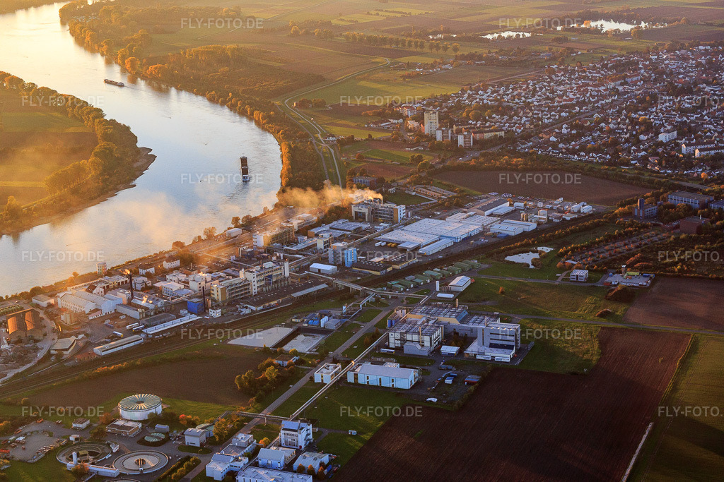 Luftbild: Pharmafabrik am Rheinufer am Abend Merck KGaA - Standort Gernsheim in Gernsheim im Bundesland Hessen in Deutschland. – Foto: IMG_075090.jpg vom 18.10.2014 durch Werner Riehm/FLY-FOTO.de – Auflösung des Originals: 5472 x 3648 px – WWW.MERCKGROUP.COM