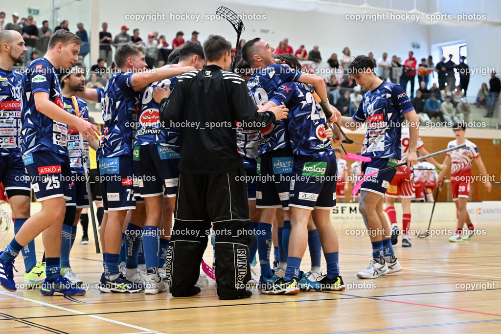 VSV Unihockye vs. KAC Floorball | Jubel VSV Unihockey Mannschaft, VSV Unihockye vs. KAC Floorball, VSV Unihockye vs. KAC Floorball am 13.04.2025 in Villach (Ballspielhalle St. Martin), Austria, (Photo by Bernd Stefan)