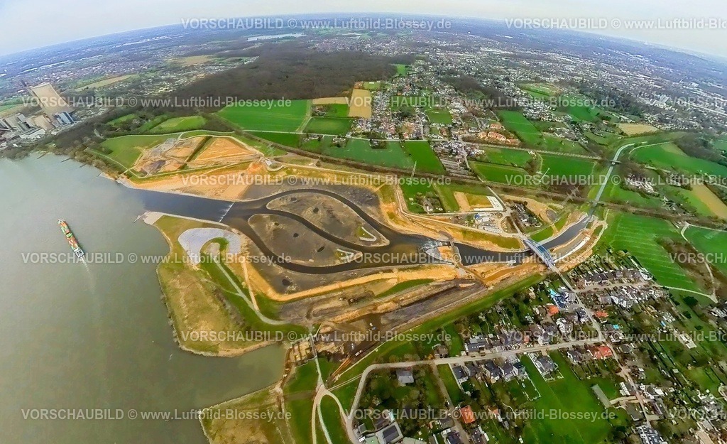 Dinslaken230328_3neueEmschermuendung | Luftbild, Neue Emschermündung in den Fluss Rhein, Kraftwerk Voerde, Renaturierung der Emscher, Neugestaltung und Umlegung der Emschermündung, Erdkugel, Fisheye Aufnahme, Fischaugen Aufnahme, 360 Grad Aufnahme, Eppinghoven, Dinslaken, Ruhrgebiet, Nordrhein-Westfalen, Deutschland