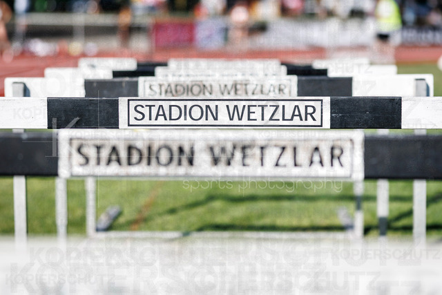PUMA Fast Arms, Fast Legs; Wetzlar, 10.07.2026 | WETZLAR, GERMANY - JULY 10, 2026 :  Impressiona - hurdles with „Stadion Wetzlar“ logo during the athletics meeting PUMA Fast Arms, Fast Legs at Stadion Wetzlar on July 10, 2026 in Wetzlar, Germany.