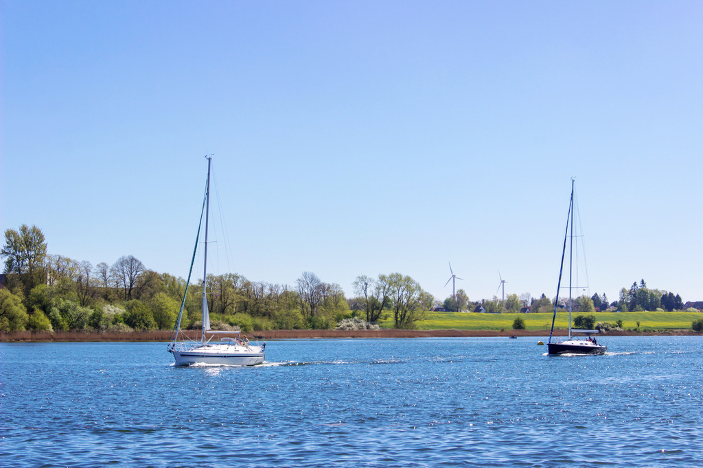 Wandbild: Segelboote auf der Schlei in Kappeln | Dieses Wandbild im Querformat zeigt zwei Segelboote auf der Schlei in Kappeln in Frühling. In der Ferne kann man die frühlingshaften Bäume und Felder sehen. Der blaue Himmel ist wolkenlos. - Realisiert mit Pictrs.com