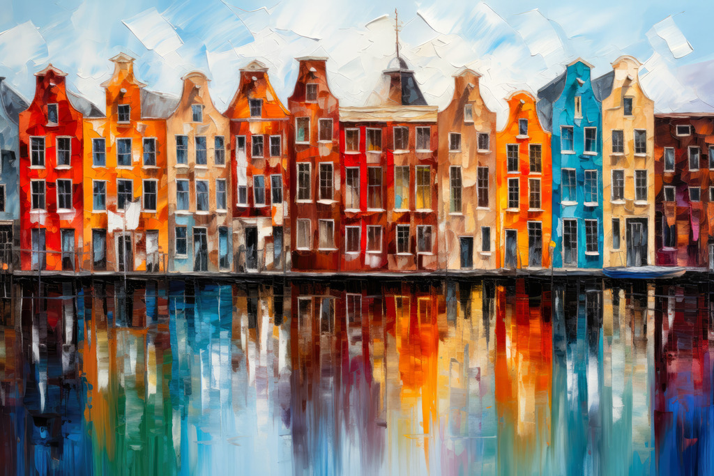 2307131 - Amsterdam | Bestellen Sie dieses Motiv von Häusern an einer Gracht in Amsterdam als Kunstdruck auf Leinwand, Acrylglas, Alu-Dibond, Akustikbild oder als Poster. Unsere digitalen Gemälde wirken mit täuschend echten Pinselstrichen wie von Hand gemalt.