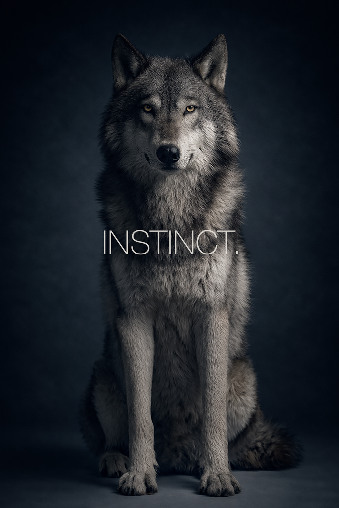 Poster: WILD WITHIN – INSTINCT. | Grauer Wolf sitzt frontal vor dunklem Studiohintergrund mit stiller, intensiver Ausstrahlung. Typografisches Poster aus der Kollektion WILD WITHIN mit dem Wort „INSTINCT.“ - Realisiert mit Pictrs.com