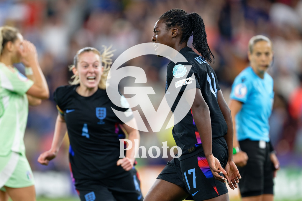 England v Italy - UEFA Women's EURO 2025 Semi-Final | GENEVA, SWITZERLAND - JULY 22:  Michelle Agyemang of England scores her team's first goal  during the UEFA Women's EURO 2025 Semi-Final match between England and Italy at Stade de Geneve on July 22, 2025 in Geneva, Switzerland. (Photo by Giuseppe Velletri/Sports Press Photo/Getty Images)