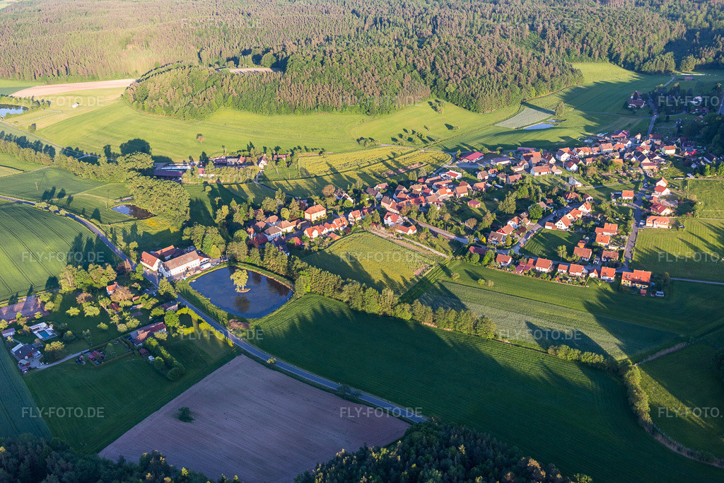 Luftbild: Weier mit Insel am Ortsrand im Ortsteil Rehweiler in Geiselwind im Bundesland Bayern in Deutschland. Foto: IMG_100398.jpg vom 27.05.2017 durch Werner Riehm/FLY-FOTO.de