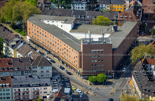 Essen240400955 | Luftbild, Gebäudekomplex Gemarhaus mit Ladengeschäften und Büros, Architekt Hans Schäfer, Mobilfunk Antennen auf dem Dach, Holsterhausen, Essen, Ruhrgebiet, Nordrhein-Westfalen, Deutschland