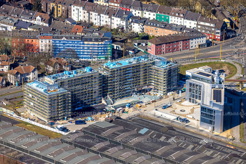 Bochum250301572 | Luftbild, TRIUM Business Campus Bochum, Baustelle mit Neubau neben der Jahrhunderthalle, Kruppwerke, Bochum, Ruhrgebiet, Nordrhein-Westfalen, Deutschland