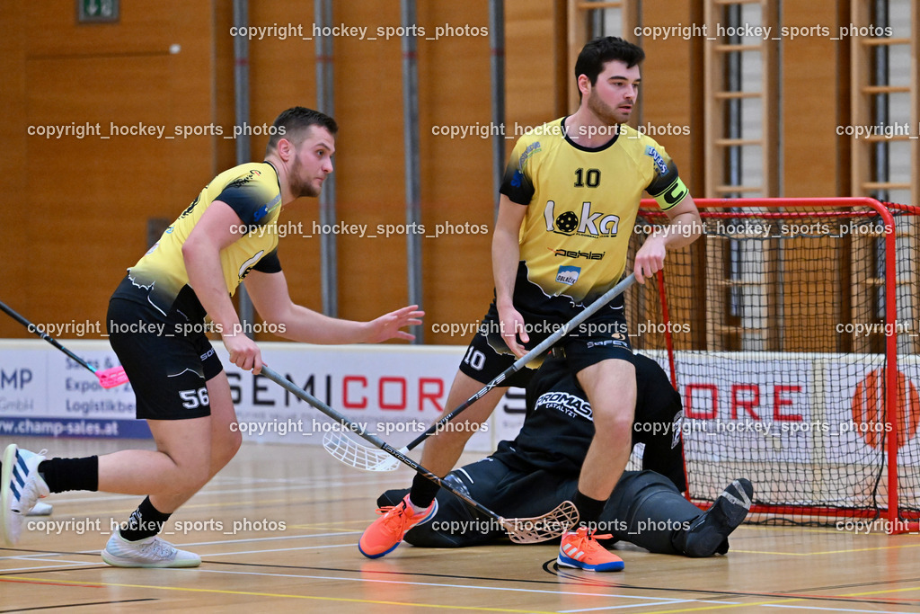 VSV Unihockey  vs. FBK Loka  | #56 Lovro Oblak FBK Loka, #10 Luka Peklaj FBK Loka, VSV Unihockey  vs. FBK Loka , VSV Unihockey  vs. FBK Loka  am 25.01.2026 in Villach (Ballspielhalle St. Martin), Austria, (Photo by Bernd Stefan)