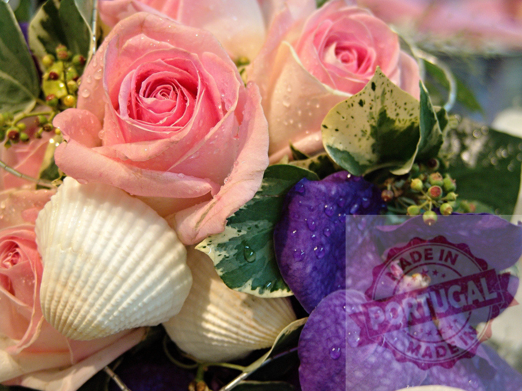 Pink roses and purple orchid composing a wedding bouquet with seashells | Beautiful wedding bouquet showing pink roses, purple orchid, seashells and green leaves with water drops - Realized with Pictrs.com