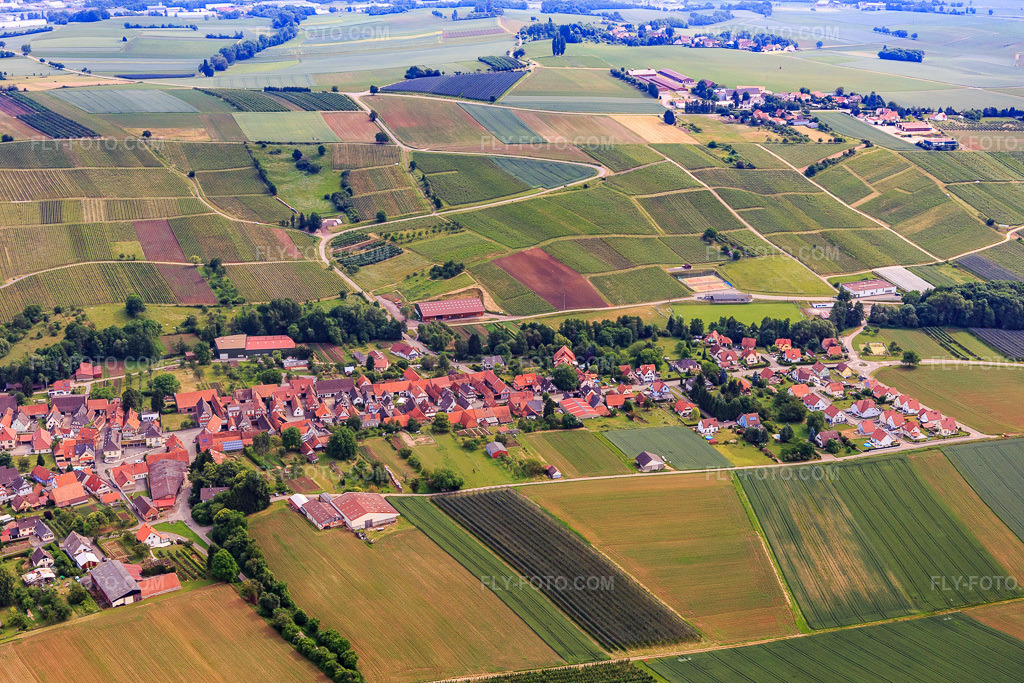 Aerial view: View of the town from the southwest in Steinseltz in the state Bas-Rhin, France. – Photo: IMG_100735.jpg taken on 06/05/2017 by Werner Riehm/FLY-FOTO.com – Resolution of the original: 5472 x 3648 px