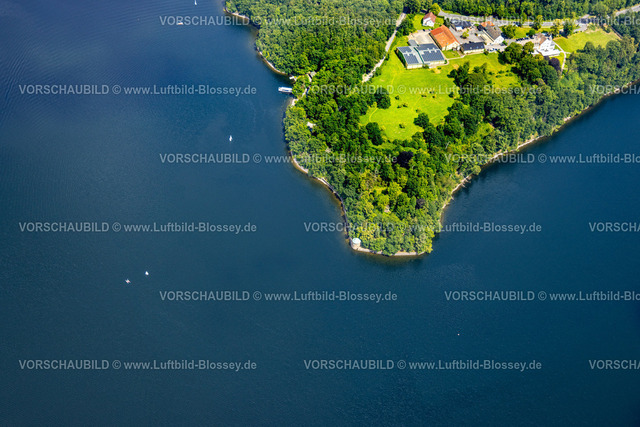 Moehnesee240707362 | Luftbild, LinkTurm an der Landzunge bei Hotel Haus Delecke, bewaldeter Uferbereich Möhnesee, Delecke, Möhnesee, Sauerland, Nordrhein-Westfalen, Deutschland