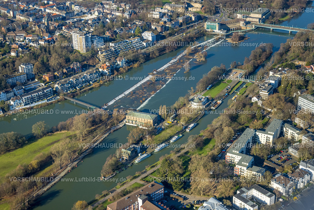 Muelheim230201142 | Luftbild, Ruhrschleuse und sanierungsbedürftiger Wasserbahnhof, Weisse Flotte, Wasserkraftwerk Mülheim, Haus Ruhrnatur, Altstadt I - Südwest, Mülheim an der Ruhr, Ruhrgebiet, Nordrhein-Westfalen, Deutschland
