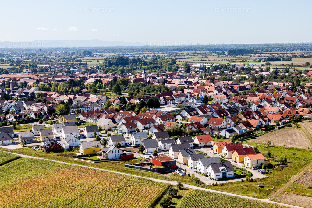 Luftbild: Dorfansicht im Ortsteil Liedolsheim in Dettenheim im Bundesland Baden-Württemberg in Deutschland. Foto: IMG_20552.jpg vom 30.08.2009 durch Werner Riehm/FLY-FOTO.de