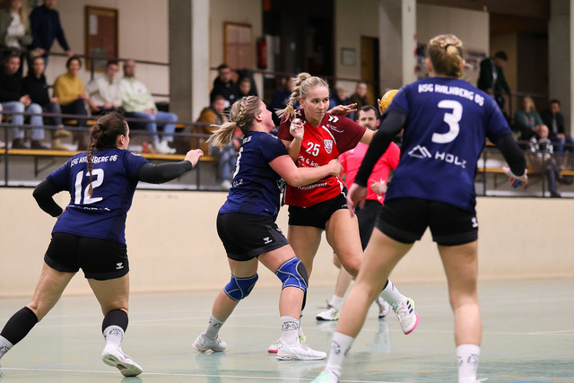 Handball I Damen I Saison 2025-2026 I Verbandsliga Süd I HSG Kalkberg 06 - MTV Dänischenhagen I 14.12.2025.38 | v.l. Marit Burmeister (33, HSG Kalkberg 06) im Zweikampf mit Frida Wohlert (25, MTV Dänischenhagen) - Realisiert mit Pictrs.com