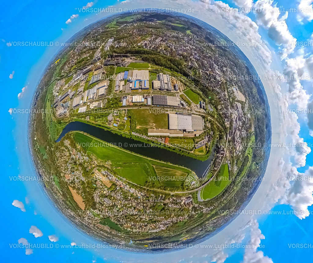 Hattingen230490837GewerbegebietHenrichshuette | Luftbild, Henrichshütte, Landschaftspark und Industriemusem, Fluss Ruhr, Erdkugel, Fisheye Aufnahme, Fischaugen Aufnahme, 360 Grad Aufnahme, , Hattingen, Ruhrgebiet, Nordrhein-Westfalen, Deutschland