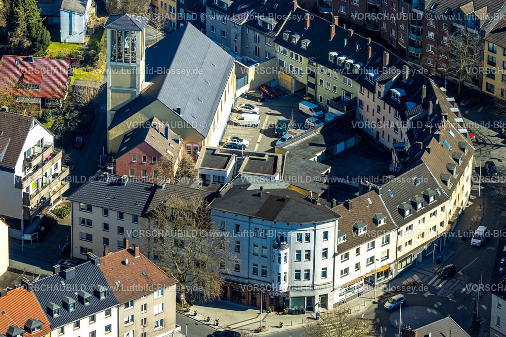 Witten250301108 | Luftbild, Kreuzkirche Lutherische Kirche, halbrunde Wohnanlage, Lutherstraße, Witten, Ruhrgebiet, Nordrhein-Westfalen, Deutschland