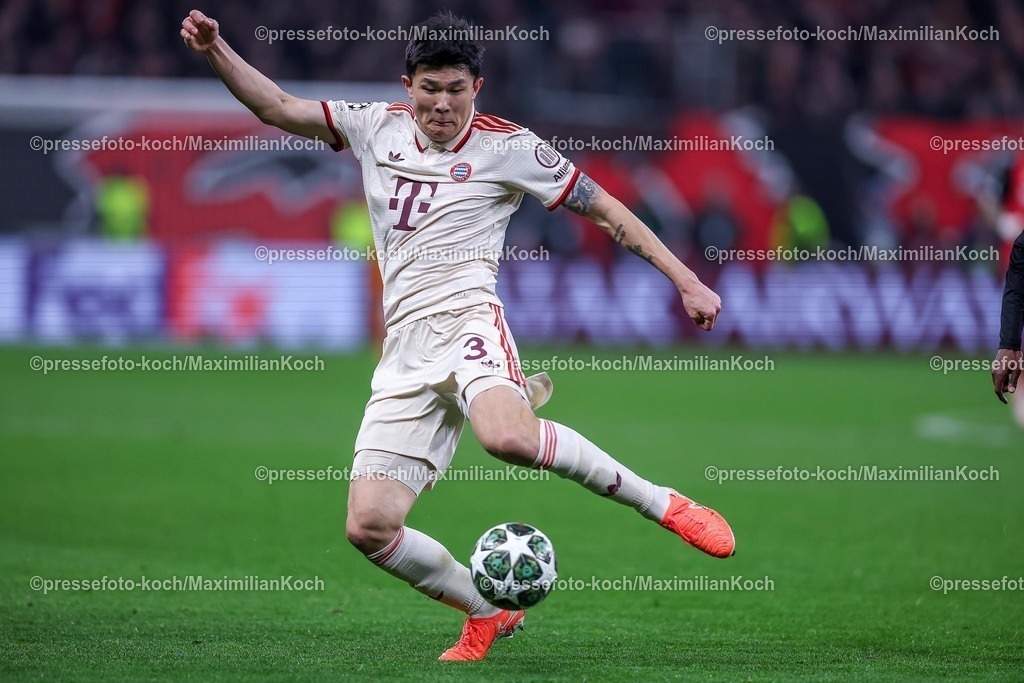 UCL11032502380 | 11.03.2025, Fußball, UEFA Champions League, Bayer 04 Leverkusen - FC Bayern München, Achtelfinale Rückspiel, BayArena, Saison 2024 2025: Min-jae Kim (FC Bayern #3)DFB regulations prohibit any use of photographs as image sequences and or quasi-video.